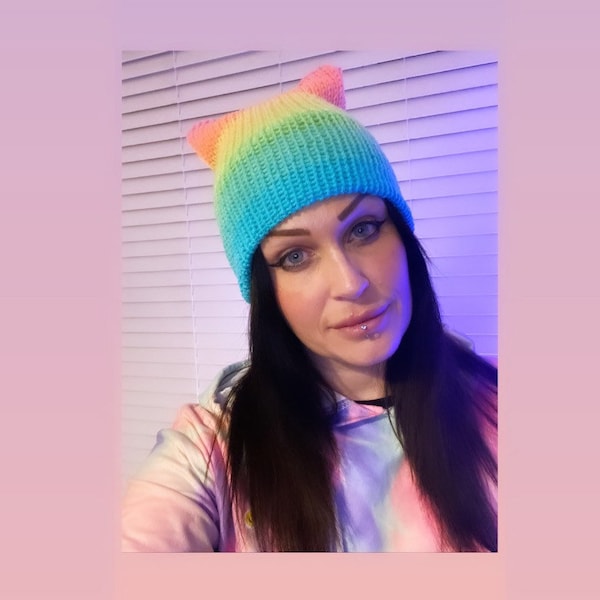 Gorro tejido a mano con diseño de arcoíris ombré kitty cat, gorro de neón con múltiples brillos, TikTok, bebés, niños, adultos, ¡tallas!