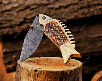Handmade Damascus Fish Pocket Knife | Personalized Gift, Anniversary Gift for Boyfriend, Husband