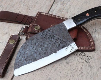 Beautiful Custom Hand Forged High Carbon Steel Cleaver, Chopper With Leather Cover