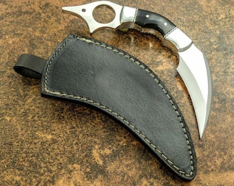 Handmade D2 Steel Karambit Knife with Cow Horn Handle, Leather Sheath