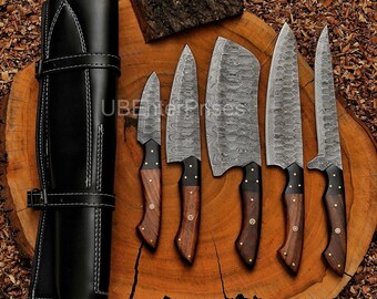 Handmade Damascus Kitchen Knife Set | Chef Knives with Leather Roll, Birhday Gift for Her