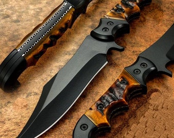 Custom Handmade Black Coated D2 Bowie Knife With Leather Sheath