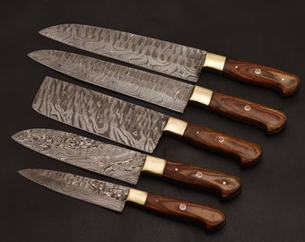 Beautifull Custom handmade chef kitchen knife set (lot of 5) with leather bag