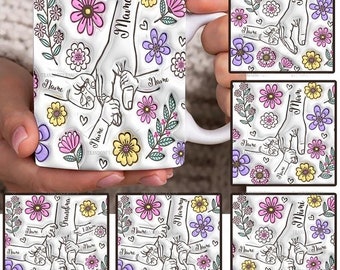 Paquete personalizado hasta 6 niños sosteniendo la mano de mamá Taza con efecto inflado 3D Png, sosteniendo la mano de la abuela, taza floral de mamá de 11 oz, floral del día de la madre