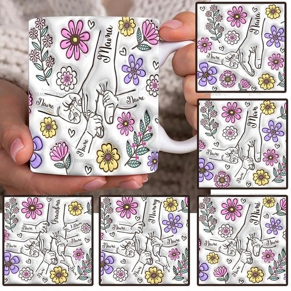 Bundle Custom Up to 6 Kids Holding Mom‘s Hand 3D Inflated Effect Mug Png, Holding Grandma's Hand, Mama Floral 11oz Mug, Mother's Day Floral