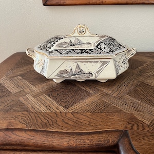 Exquisite antique nautical Aesthetic movement transferware. Brown and white transferware. Staffordshire porcelain.