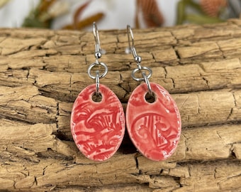 Red, Snapdragon, Ceramic Earrings, Mushroom, Abstract, Colorful *Ready to Ship*