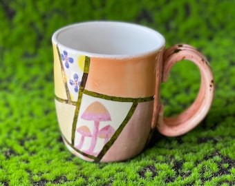Little Bit of Everything: Pink Mushroom Mug, Handmade Ceramic, 10oz, Hand Painted, Real Gold