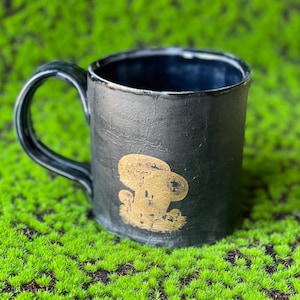 Handmade Matte Black Ceramic Mushroom Mug, Gold Decal, 12oz image 1