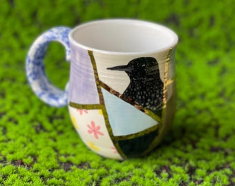 Little Bit of Everything: European Starling Mug, Handmade Ceramic, 12oz, Hand Painted, Real Gold
