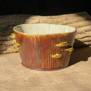 May include: A handcrafted ceramic bowl with a textured, wood-like exterior in shades of brown and red. The bowl features several gold-colored mushroom accents. The interior is a light cream color. A unique decorative piece.