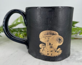 Matte Black Mushroom Mug with Gold Decal, Handmade Ceramic, 12oz *Ready to Ship*