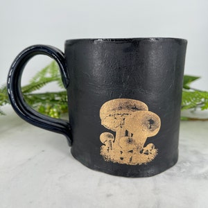 Handmade Matte Black Ceramic Mushroom Mug, Gold Decal, 12oz image 2