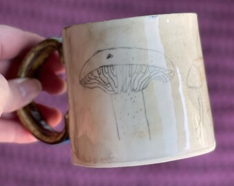 Mushroom Sketches Mug, Hand-drawn Mushrooms, Handmade Ceramic, 12 oz *Ready to Ship*