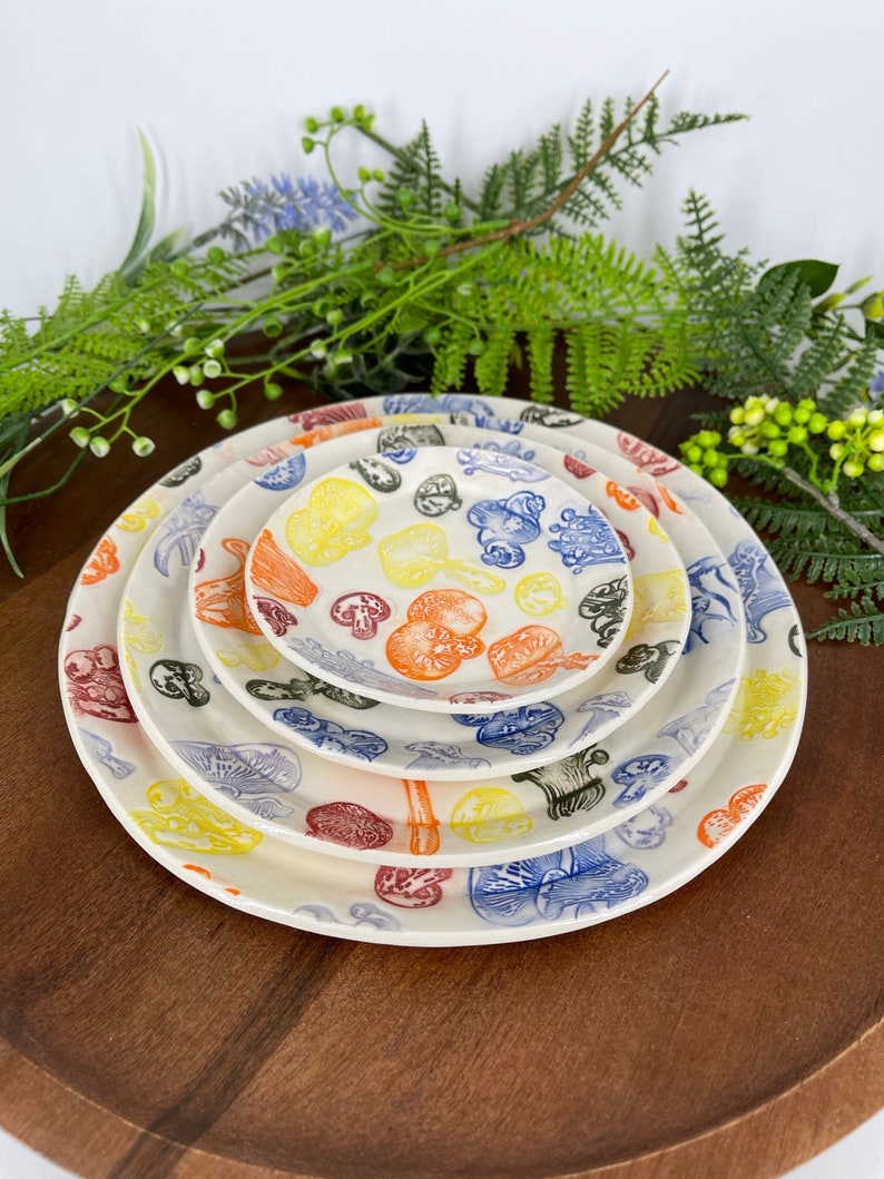 Rainbow Mushroom Plates, Handmade Ceramic Ready to Ship image 1