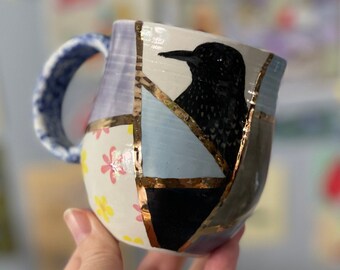 Little Bit of Everything: European Starling Mug, Handmade Ceramic, 12oz, Hand Painted, Real Gold *Ready to Ship*