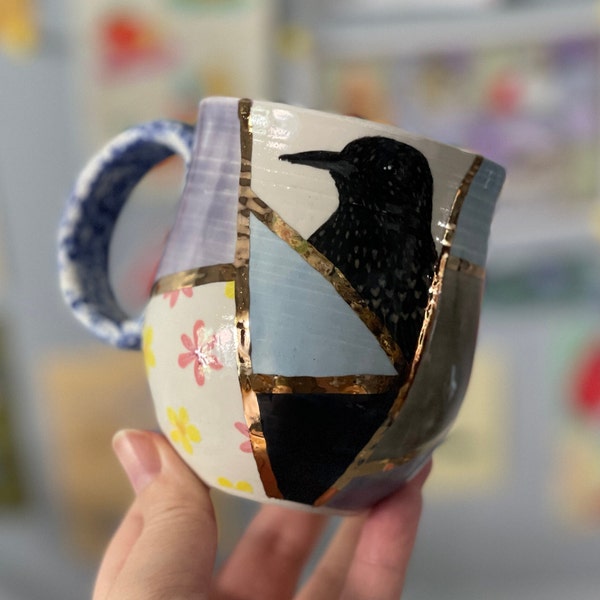 Little Bit of Everything: European Starling Mug, Handmade Ceramic, 12oz, Hand Painted, Real Gold *Ready to Ship*