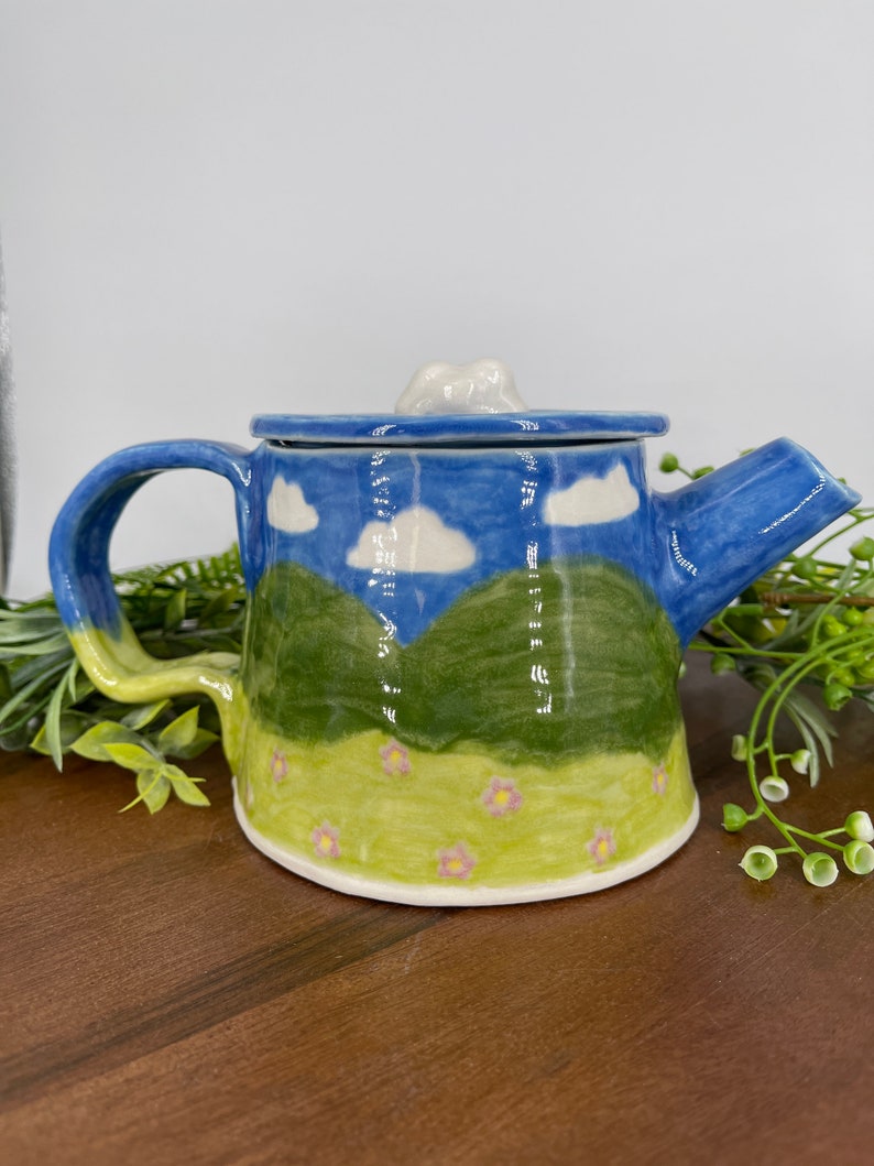 Peaceful View Personal Teapot, Handmade Ceramic, 16oz Ready to Ship image 2