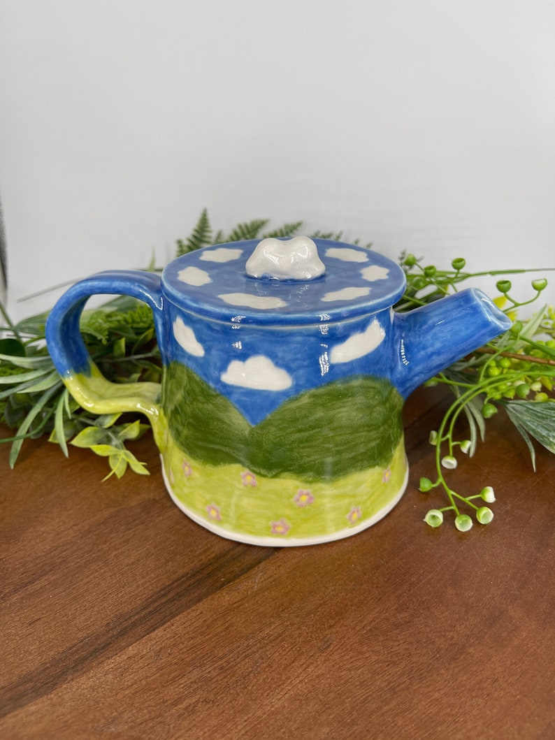 Peaceful View Personal Teapot, Handmade Ceramic, 16oz Ready to Ship image 1