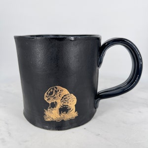 Handmade Matte Black Ceramic Mushroom Mug, Gold Decal, 12oz image 4