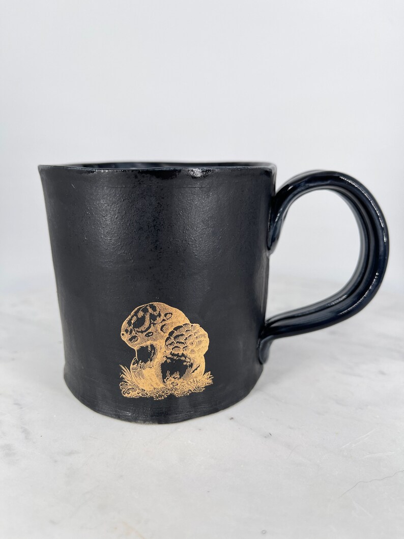 Handmade Matte Black Ceramic Mushroom Mug, Gold Decal, 12oz image 4
