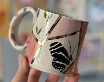 Little Bit of Everything: Butterfly Mug, Handmade Ceramic, 10oz, Hand Painted, Real Gold *Ready to Ship*