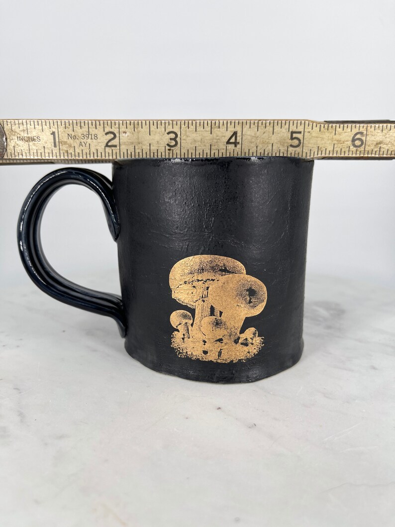 Handmade Matte Black Ceramic Mushroom Mug, Gold Decal, 12oz image 8