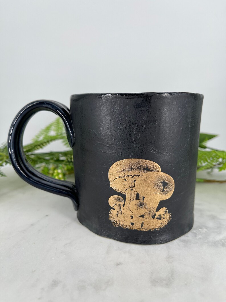 Handmade Matte Black Ceramic Mushroom Mug, Gold Decal, 12oz image 2