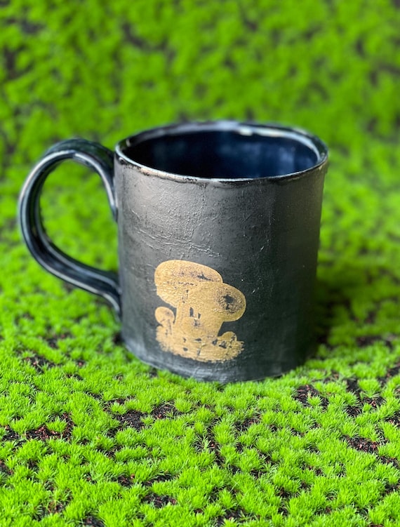 Handmade Matte Black Ceramic Mushroom Mug, Gold Decal, 12oz
