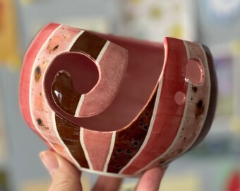 Striped Pink and Brown Yarn Bowl, Handmade Ceramic *Ready to Ship*