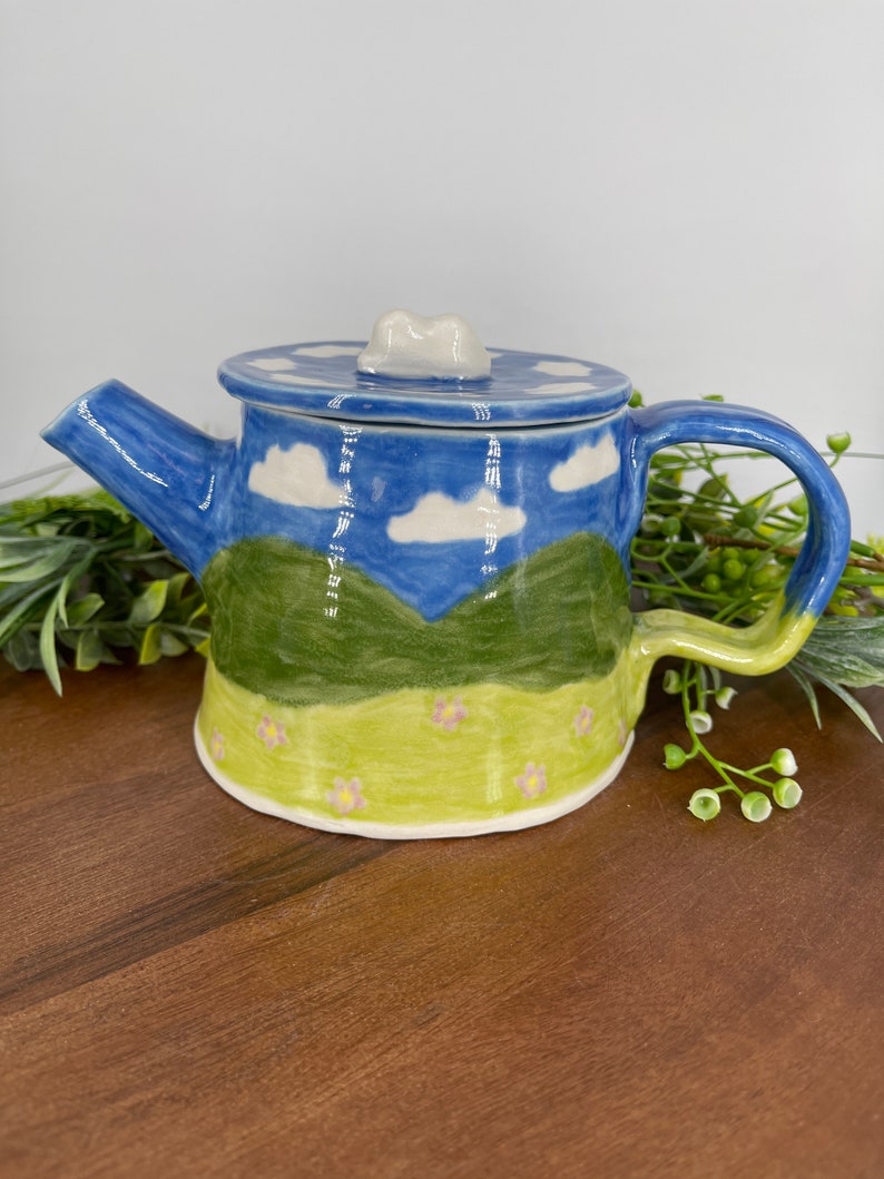 Peaceful View Personal Teapot, Handmade Ceramic, 16oz Ready to Ship image 3