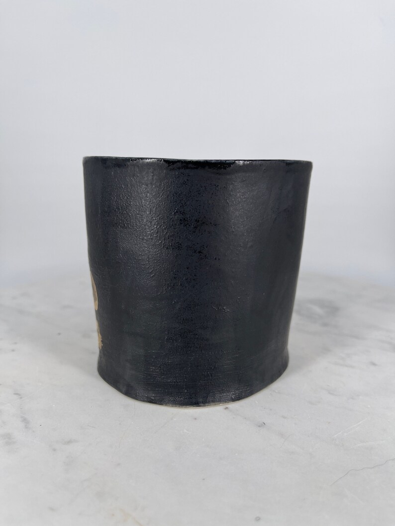 Handmade Matte Black Ceramic Mushroom Mug, Gold Decal, 12oz image 3