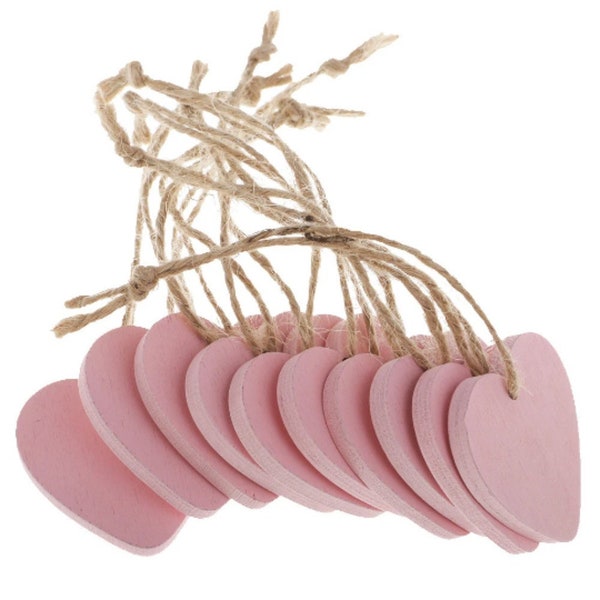 10 x Pink Wooden Hanging Decorative Hearts - Perfect for Home Decoration, Crafts or Gifts