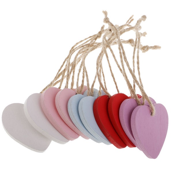 10 x Wooden Hanging Decorative Hearts - Pink, Purple, Red, White, Light Blue, Multicolour - Perfect for Home Decoration, Crafts or Gifts