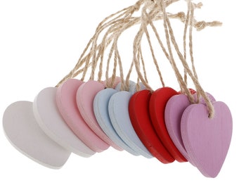 10 x Wooden Hanging Decorative Hearts - Pink, Purple, Red, White, Light Blue, Multicolour - Perfect for Home Decoration, Crafts or Gifts