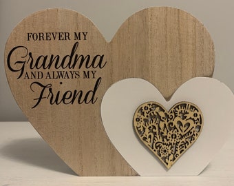 Wooden Heart Shaped Block - Forever My Grandma And Always My Friend - Perfect Gift for a Grandma, or as a Home Decor Ornament