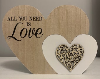 Wooden Heart Shaped Block - All You Need is Love - Perfect Gift for a Friend, or as a Home Decor Ornament