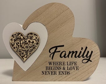 Wooden Heart Shaped Block - Family Where Life Begins & Love Never Ends - Perfect Gift for Friends and Family, or as a Home Decor Ornament