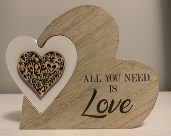 Wooden Heart Shaped Block - All You Need Is Love - Perfect Gift for Friends & Family or as a Home Decor Ornament