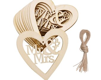 Wooden Heart Shaped Hanging Decorations - Mr & Mrs - Arrives with String to Hang - Perfect for Weddings, Events and Scrapbooking