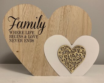 Wooden Heart Shaped Block - Family, Where Life Begins & Love Never Ends - Perfect Home Decor Ornament