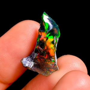 Peut inclure: Une pierre d'opale brute vibrante avec un jeu de couleurs saisissant. L'opale affiche des éclairs de vert, d'orange et de rouge dans une base sombre et translucide. La forme brute et irrégulière de la pierre ajoute à sa beauté naturelle.