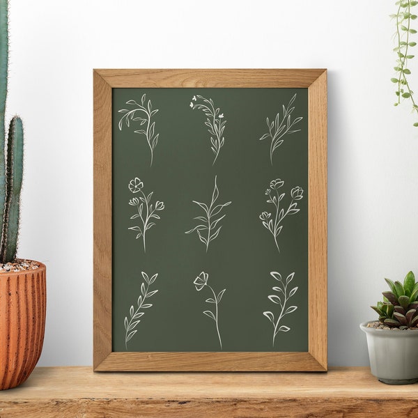 Botanical Flowers Printable Artwork, Dark Green Livingroom Decor, 4x6, 5x7, 8x10, 8.5x11, 11x14