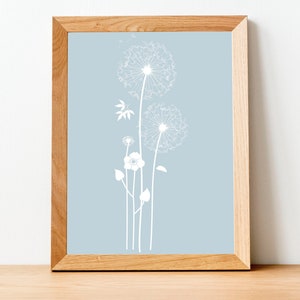 Printable Pastel Blue Dandelion Floral Artwork, Digital Download, 4x6, 5x7, 8x10, 8.5x11, 11x14