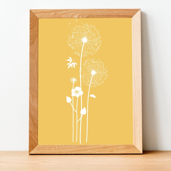 Mustard Yellow Dandelion Printable Artwork, Floral Digital Download, 4x6, 5x7, 8x10, 8.5x11, 11x14