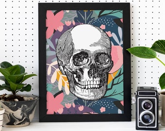 Floral Skull Printable, Pink & Purple Abstract Wall Decor Artwork, 4x6, 5x7, 8x10, 8.5x11, 11x14