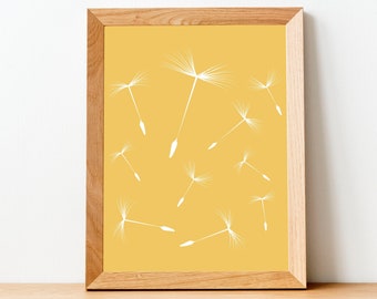 Mustard Yellow Dandelions Printable, Flying Wishing Seeds Artwork, 4x6, 5x7, 8x10, 8.5x11, 11x14