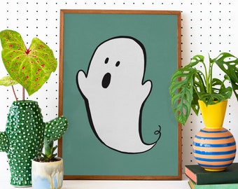 Ghost Printable Art, Green Grunge Artwork, Spooky Cute Halloween Decor, Digital Download 4x6, 5x7, 8x10