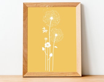 Mustard Yellow Dandelion Printable Artwork, Floral Digital Download, 4x6, 5x7, 8x10, 8.5x11, 11x14
