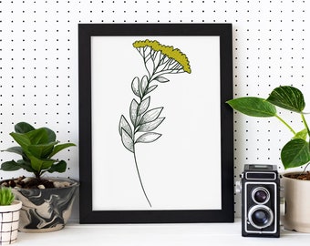 Modern Floral Printable Artwork, Green Bushy Flower with Leaves, 3.5x5, 4x6, 5x7, 8x10, 8.5x11